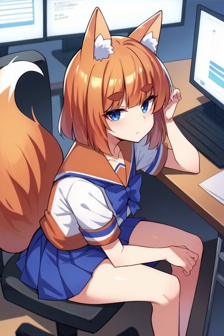 score_9, score_8_up, source_anime, 1girl, solo   <lora:ffchan-pdxl-nvwls-v1-000006:1> ffchan, fox ears, blue bowtie, white shirt, serafuku, short sleeves, blue skirt, fox tail, sitting, chair, desk, computer monitor, computer, looking at viewer