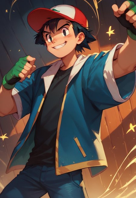 score_9, score_8_up, score_7_up, 
solo, 1boy, standing, dynamic pose, ash3, black hair, black eyes, happy, grin, red hat, baseball cap, blue jacket, white sleeves, short sleeves, black shirt, fingerless gloves, jeans, 
multicolored, glowing,