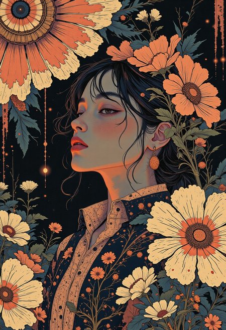 « A flower woman,  her mouth like a pink lily. »
<lora:Anime v1.3:1.2> <lora:Blue_Future:0.9> <lora:Ethereal_Brush_Anime_v1.0:0.6> <lora:It's a LoRA for portraits, BUT! actually specialized in backgrounds. v1.0:0.15>