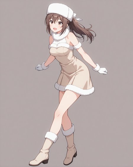 (beige dress fur-trimmed dress fur-trimmed hat fur-trimmed gloves fur-trimmed boots:1.50), 
bof-sally, brown eyes, (brown hair), sidelocks, bangs, hair between eyes, ponytail, white hair ribbon,
medium breasts, 1girl, 
(masterpiece, highres, ultra-detailed,very aesthetic, best quality, absurdres, high quality, highres), 
excited,
full body,
(feet:0.90), 
BREAK,
virtual world,
,
(solo:0:4::0.40), (skinny:0.8),
(),
<lora:bof-sally-V02-illXL:0.80>