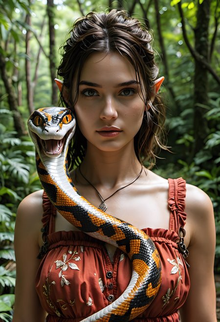 1girl,a female elf woman,medieval dress,red dress, fantasy style, holding a red snake,snake curled around her neck, snake eyes, large snake, woods, tropical forest, lush woods,Ultra-HD-details,glow effects,godrays,Hand drawn,render,8k,octane render,cinema 4d,blender,dark,atmospheric 4k ultra detailed,cinematic,Sharp focus,big depth of field,Masterpiece,colors,3d octane render,4k,concept art,trending on artstation,hyperrealistic,Vivid colors,extremely detailed CG unity 8k wallpaper,trending on CGSociety,Intricate,High Detail,dramatic ., score_9, score_8_up, score_7_up, score_6_up,
