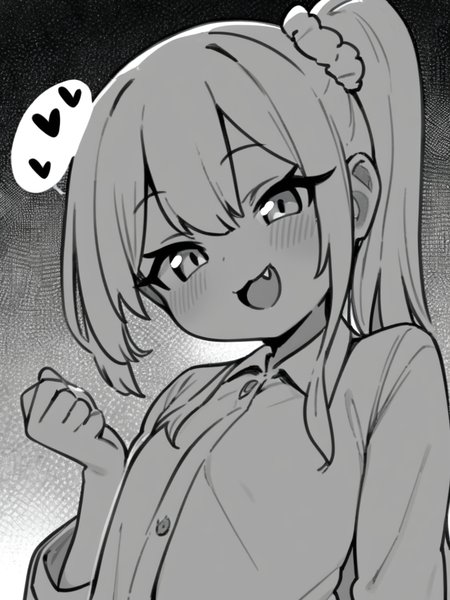 masterpiece, best quality, <lora:style578-a31-000020:1>,side ponytail, monochrome, greyscale, 1girl, fang, solo, blush, smile, open mouth, hair between eyes, looking at viewer, virtual youtuber, bangs, :d, scrunchie, collared shirt, heart, sidelocks, speech bubble