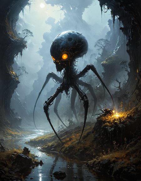 hyper realistic and highly detailed, monochrome masterful traditional oil painting (by Stephan Martiniere, by Alena Aenami, by Yoann Lossel:1.4), dark, dim, dull, shadowy, somber, dusky, lightless, tenebrous, famous artwork inspired by (jeff laubenstein:1.2) and (mark pole:1.1), (dramatic scene:1.2), (fractal art:), fantasy style, dynamic angle, the "arachnoid slimedunk" is a (stealthy and agile mammalian creature:1.1) hunting in the (fascinating:1.4) misty steppes of its perlyfumed habitat on "nopenopenope" , perfect composition, full panoramic shot
<lora:xl_more_art-full_v1:0.5> <lora:- SDXL - vanta-black_contrast_V3.0:0.5> <lora:Into_Darkness:0.5>  <lora:add-detail-xl:0.5> <lora:sss:0.6> sss