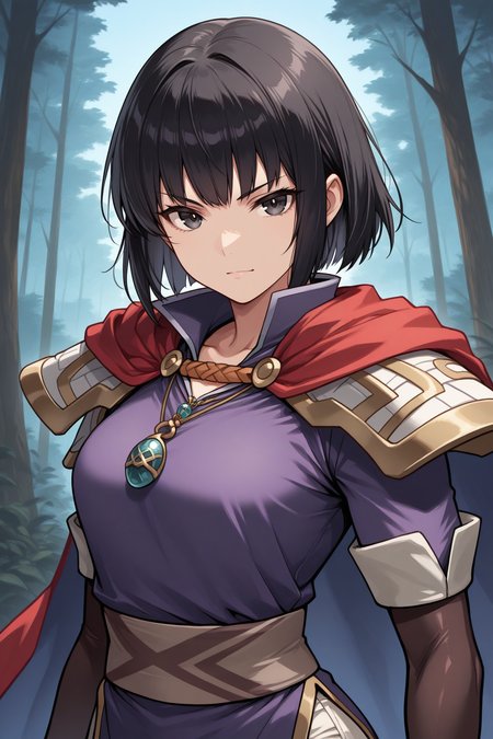 masterpiece, best quality, 1girl, solo,  <lora:feolwen-illu-nvwls-v1-000006:1> baseown, black hair, short hair, black eyes, red cape, white pauldrons, necklace, purple tunic, brown sash, short sleeves, elbow gloves, brown gloves, white pants, upper body, looking at viewer, serious, smirk, blue sky, forest, hand up