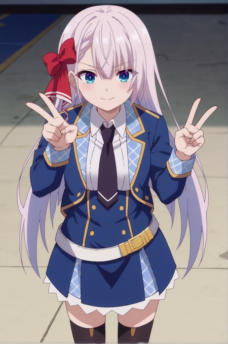 score_9, score_8_up, score_7_up,anime_source, source_anime, best background, detailed background, anime screencap,  Crystalia, belt, black necktie, blue jacket, collared shirt, jacket, long sleeves, necktie, red bow, ribbon, shirt, white shirt, school uniform, thighighs, seductive smile, dynamic angle, v fingers, victory fingers, solo, indoors, <lora:JN_Riselia_Ray_Crystalia:0.8>