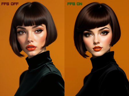 <lora:FFS_v.6:0.8>
A striking portrait of a young woman with a sleek, chin-length espresso-brown bob and sharply defined fringe, her gaze poised and magnetic against a warm ochre backdrop. Her eyes are rich chestnut with luminous depth, framed by dark winged eyeliner and thick lashes that lend a dramatic, editorial presence. Her skin glows with a soft matte finish, featuring subtle terracotta blush and glossy, peach-toned lips rendered in smooth gradient shading. She wears a high-necked black velvet top that contrasts starkly with the background, its texture catching delicate highlights along the folds and seams. The composition is clean and balanced, focusing tightly on her upper shoulders and face in a three-quarter view, enhancing the angular silhouette of her haircut. The style blends vector precision with painterly shading, delivering a polished, high-fashion aesthetic infused with retro-modern minimalism and classic 1960s mod influence.