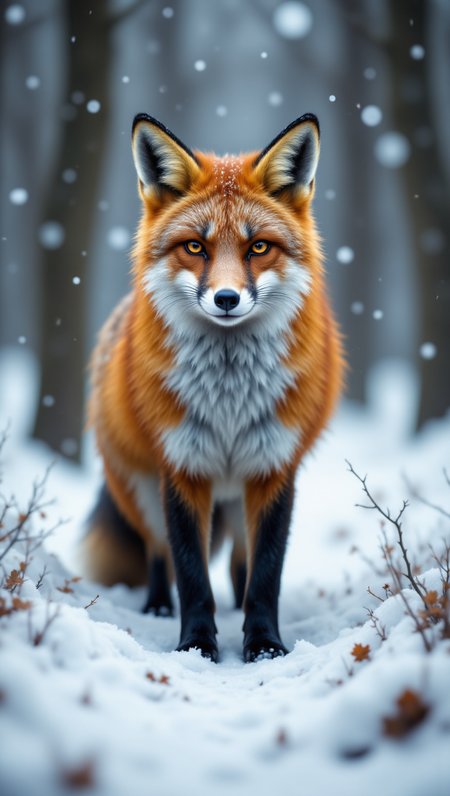 “A stunning wildlife photograph of a red fox standing alert in a serene, snow-covered forest as gentle snowfall drifts through the air. Its vibrant orange fur contrasts beautifully against the white landscape, with delicate snowflakes resting on its whiskers and ears. The fox’s piercing amber eyes gaze directly into the camera, exuding curiosity and intelligence. Its ears are perked, and its tail rests gently behind it, as if sensing something in the distance. Soft morning light filters through the bare trees, casting long shadows on the powdery snow. The background is slightly blurred, enhancing the sharp details of the fox’s thick fur and delicate paw prints in the fresh snow. The falling snowflakes add a magical, peaceful atmosphere to this breathtaking winter wildlife scene.”,aidmafluxpro1.1