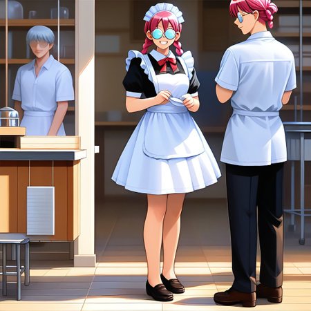 score_9, score_8_up, score_7_up, source_anime, intricate details, BREAK minori, 1girl, solo, short hair, twin braids, no eyes, opaque glasses, round eyewear, thick glasses of lenses, maid uniform, maid headdress, maid apron, grin, looking at viewer, standing, curtsey, full body, school