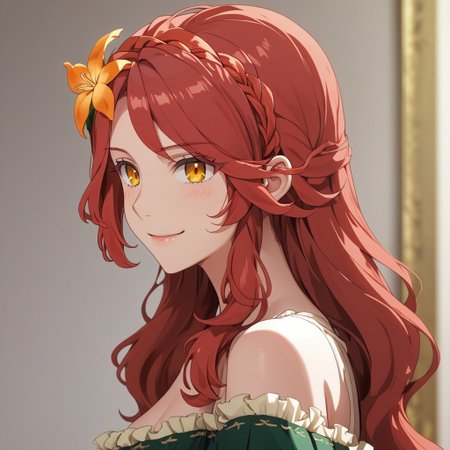 absurdres, 4k res, high quality, score_7_and_above, 1girl, solo, masterpiece, Lucrezia_UM, red hair, amber eyes, flower in hair, green skirt, portrait, seductive smile, highly detailed, side view, looking at viewer,