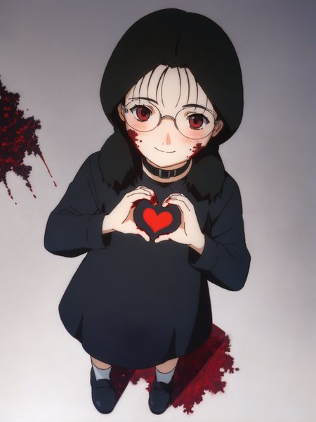 score_9, score_8_up, score_7_up, score_6_up, score_5_up, BREAK masterpiece, high quality, perfect hands, <lora:Yomoda_Chisa_PDXLv1.1-e97:0.7> yomoda chisa, glasses, smile, blush, hearts, evil red eyes, heart hands, cute pose, head tilt,  <lora:Anzu_PDXLv0b:0.5>, black dress, full body, black footwear, black collar, death girl, gothic, blood on face, blood on hands,
