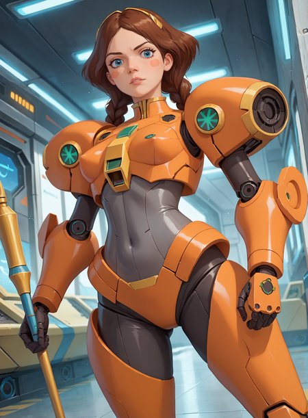 score_9, score_8_up, score_7_up, (masterpiece, best quality, highres, high resolution:1.2), extremely detailed, intricate details, 1girl, solo, zabava, cyborg , long braids, brown hair, blush stickers, fighting stance, cyber armor, futuristic military suit, weapon, staff, shiny orange metal, chrome, cowboy shot, looking at viewer, futuristic, complex details, mecha hangar, indoors, neon, sci-fi, gundam,<lora:melnica_girls_pxl_v1.1:0.7>