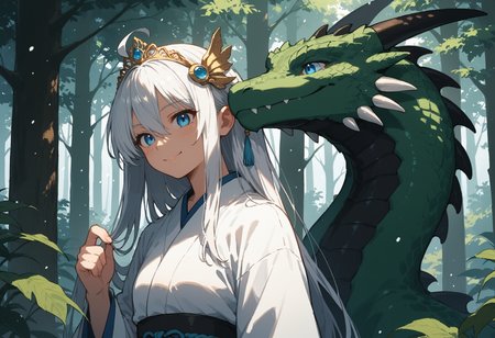 score_9, score_8_up, score_7_up,source_anime,1girl,solo,white hair,very long hair,hair between eyes,ahoge hair,blue eyes,perfecteyes,eyebrows,white kimono,green lining,tiara,hair ornament,sunny,sunlight,snowing,giant dragon,looking at dragon,smile,forest,trees,plants,sinozick,flat colors