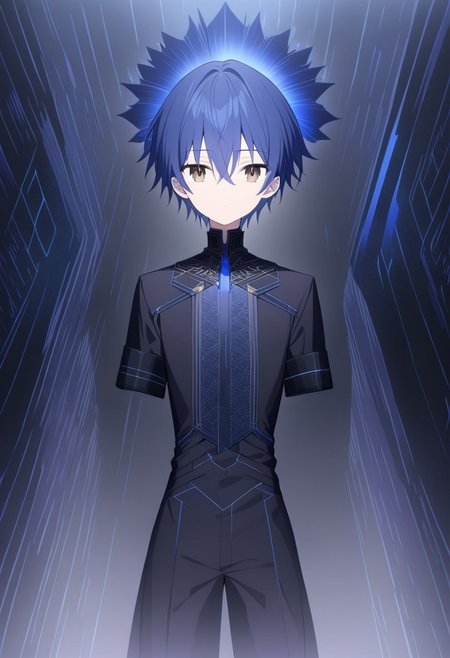 A highly detailed half-body portrait of an anime-style boy with striking blue hair and deep brown eyes. Halo,. He wears an emperor's big  crown adorned with dark, intricate designs that convey power and mystery. His clothing is imperial, with elaborate patterns and dark tones, combining traditional royal elements with futuristic, sci-fi influences. The fabric shimmers with advanced technological patterns woven into the material, giving it a modern, almost otherworldly feel. The boy stands in a grand royal court, the background filled with a blend of classical architecture and cutting-edge technology. Dark shadows and subtle lighting highlight his features, creating a mysterious and intense atmosphere. The boy gazes directly at the viewer, his expression calm yet commanding, exuding an aura of authority and elegance. The entire scene is rendered with meticulous detail, showcasing the complex interplay between traditional royal aesthetics and modern sci-fi elements.full body
This prompt should provide the depth and detail needed to achieve a highly complex and visually stunning image.