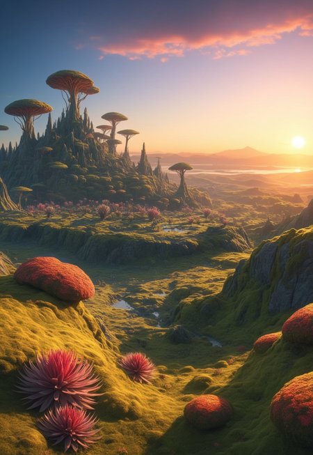 A photo of a Beautiful alien world, (high angle wide shot), ((seen from a distance)), sunset.  Ancient trees, the ground covered in moss, plants, everywhere, ones that resemble ferns, trees that are giants colorful air plants and flowers. A visiosomni magical landscape, an elven city of an advanced alien species, otclillsn buildings that defy description, gleaming in the setting sun. Masterpiece, best quality, high-res, extremely clear 8k wallpaper, setting sun. HDR lighting, dramatic cinematic composition, UHD resolution, realistic texturing, advanced rendering techniques, and meticulous post-processing.  In the eldoria style, no humans, 
(8k uhd:1,4)