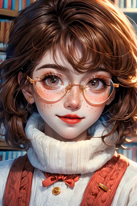 closeup, face, portrait, upper body, 
freckles, 
shy, blush, 
(short brown hair:1.1), 
(library:1.1), 
(round glasses:1.2), 
(brown eyes:1.4), 
cozy, detailed eyes, winter sweater, 
<lora:more_details:0.4>
 <lora:Cosmic anime-oil fusion v2:0.45> 
<lora:AnimeVibesV3:0.55> animevibes, 
<lora:3DMM_V11:0.55> 3DMM 
<lora:midjourney_20230624181825:0.65> midjourney  ,
 <lora:fashionGirl_v50:0.55> fashi-girl, red lips,
 <lora:LAS:0.15> cloud,colorful,
<lora:msw_locon-t2:0.25>, shiny, shiny hair, shiny skin, shiny clothes