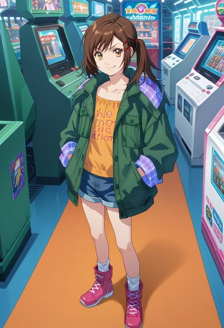 score_8, score_8_up, score_7_up, source_anime, anime screenshot,  1girl, female focus, solo, misa_GB, flat chest, hair ornament, hair clip, asymmetrical hair, short twintails, green jacket, hooded jacket, open jacket, collared jacket, blue plaid hood, blue plaid sleeve cuffs, collarbone, orange shirt,  low-cut shirt, text print, clothes writing, short shorts, denim shorts, ankle socks, white socks, ankle boots, pink footwear, full body, standing, looking at viewer, smug, arcade, arcade machines, indoors,