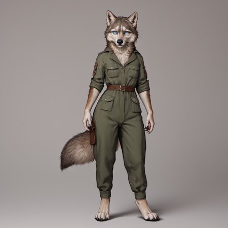 score_9, score_8_up, score_7_up, source_furry, detailed face, detailed eyes, incredible detail BREAK 1girl, solo, anthro, wide shot (furry female, wolf, light brown fur, monotone fur, light blue eyes,slightly wide hips, small breasts), black nose, whiskers, ear flop, solo, looking at viewer, cartoon style, full body, hunter outfit, archer outfit, shy pose