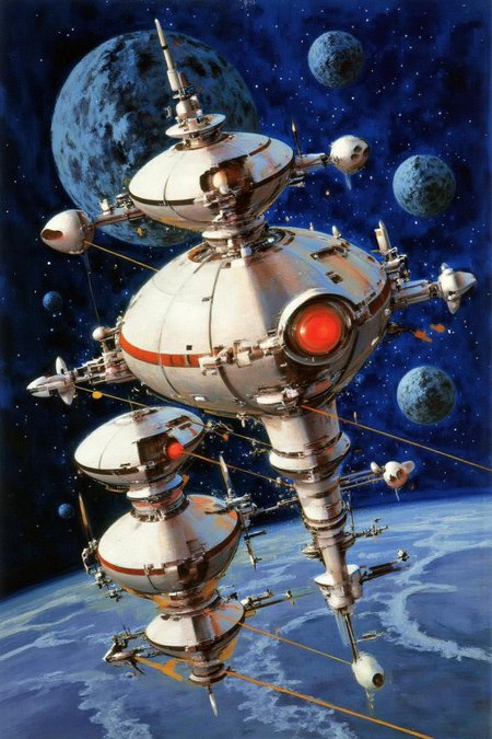 jober1 illustration.
A futuristic, space-themed style. The scene depicts a sprawling, modular space station, prominently featuring a central, spherical module with a red dome. This central module is connected to several smaller, cylindrical and spherical modules via various struts and tethers. The space station is a mix of metallic and white surfaces, with visible equipment and antennae protruding from its surface. There is a blue asteroid in the background.
 <lora:jober1_cap_d6a3e12:1.0><lora:819127474257603323:0>