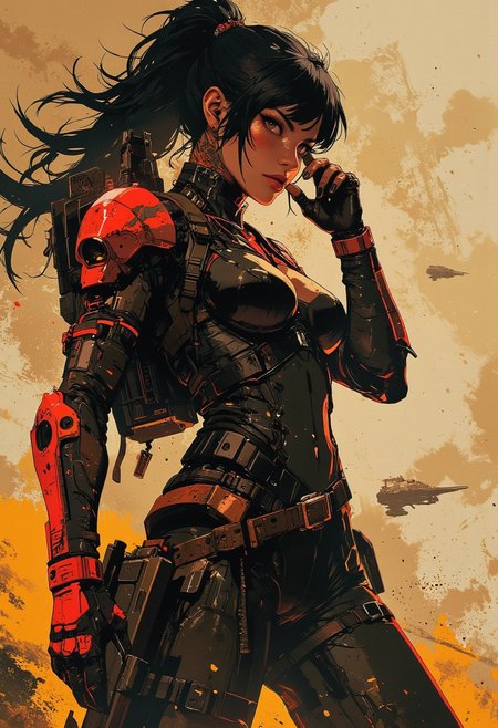 in the style of ck-mgs, nistyle, Inkplash art on rice paper, sepia, henna, Silhouette Art, magnificent, inksplash, closeup portrait, female bounty hunter, large breasts, large ass, neck tattoos, flowing black hair, reflective black and neon red armor, futuristic armor, a rifle strapped to her back, holstered pistol, holding hand up to block dust flying in her eyes, abstract background suggesting a harsh desert world, Spaceships flying overhead, dust storm, windy, 
Cowboy Shot, close up,