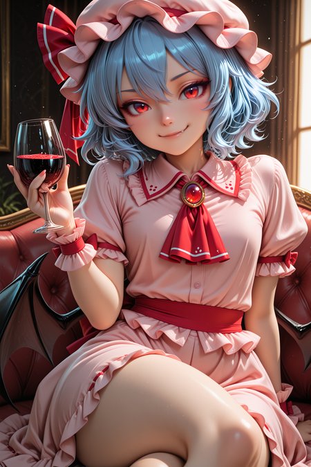 1girl, remilia scarlet, blue hair, red eyes, fang, bat wings, ascot, collared shirt, frilled shirt collar, frills, puffy short sleeves, pink skirt, red brooch, red ribbon, hat, mob cap, pink hat, holding cup, jewelry, wrist cuffs, smile, looking at viewer
BREAK
close-up, dynamic pose, sitting, legs crossed, luxurious background, soft lighting, warm colors, depth of field, masterpiece, best quality, amazing quality