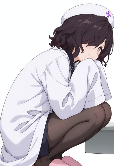 Smooth Quality,masterpiece,very intricate, high quality details, high detailed skin,detailed enviorement,absurdres, 
simple background, white background,from side,
 =^=,solo,
Kiclacnn, 1girl, black hair, brown eyes, symbol-shaped pupils, short hair, hair over one eye, 
nurse cap, lab coat,pink slippers,black pantyhose, sleeves past wrists,  <lora:Kiclacnn:0.8>
