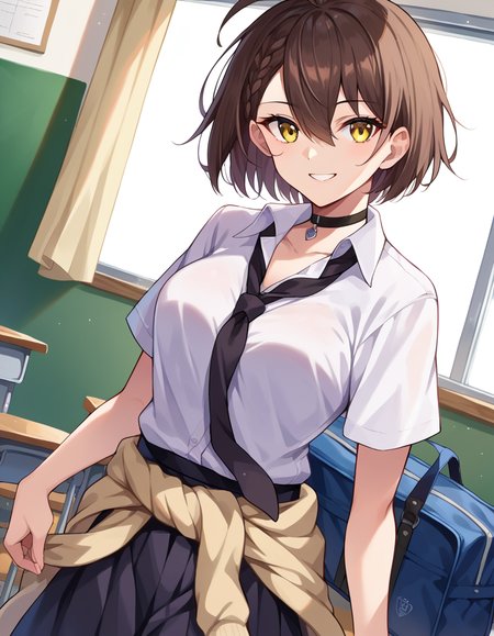 score_9, score_8_up, score_7_up, source_anime,
azurlanebaltimore, <lora:azur-lane-baltimore-ponyxl-lora-nochekaiser:1>,
baltimore, brown hair, yellow eyes, braid, ahoge, short hair, french braid, hair between eyes, bob cut,
beige cardigan, beige sweater, black choker, black necktie, black skirt, cardigan, cardigan around waist, choker, clothes around waist, collared shirt, loose necktie, necktie, official alternate costume, school bag, shirt, shirt tucked in, short sleeves, skirt, sweater, sweater around waist, tied sweater, white shirt,
indoors, classroom, smile,
looking at viewer, cowboy shot, dutch angle,