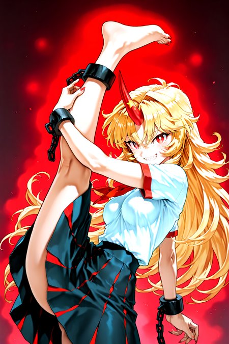 munakata_(sekimizu_kazuki):1.2,mogudan:0.7, hamada_yoshikazu:0.8 ,toriyama_akira_(style):1.1,kugara4423:1.2,touhou ,hoshiguma_yuugi , highres ,1girl ,black_skirt, blonde_hair, breasts ,bright_pupils ,cuffs ,horns,  long_hair ,looking_at_viewer, medium_breasts, open_mouth, red_eyes ,red_horns, shackles ,sharp_teeth ,shirt, short_sleeves ,single_horn ,skirt ,long skirt, solo, teeth,white_shirt, messy_hair , ^_^ ,fingernails ,grin ,hands,oni ,smile, solo,sharp_teeth,sharp_fingernails , feet, feet focus, spiked_hair ,sharp_toenails , leg_up , squatting , one leg raise up,toe,  leg_lift, muscular, muscular_female,cowboy_shot <lora:touhou_146:0.5>,<lora:illustrious_noobai_epsilon_pred_1_best_quality_v1:0.7> ,<lora:illustrious_noobai_epsilon_pred_1_masterpieces_v1:0.7>, <lora:ponyv4_noob1_2_adamW:0.5>, <lora:add_details_xl:0.7>