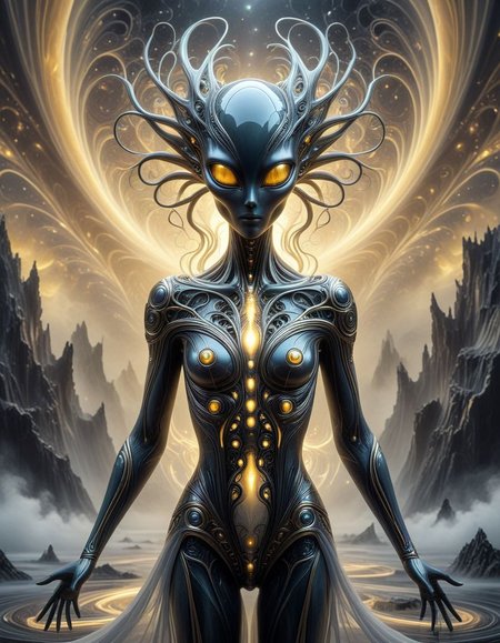 An extraordinary multidimensional artwork portraying a mysterious, elegant alien standing still amidst a swirl of darkness and light. The alien has a whimsical, otherworldly appearance, with bronze, yellow, and golden pastel colors accentuating its features. The background is a mesmerizing blend of fractal patterns, ethereal light, and stormy skies, creating a shattering visual effect. The double exposure technique adds depth and dimension to the image, capturing the essence of paranormal and enigmatic beauty.(art monochrome,digital art oil painting,ink,charcoal,double exposure)glass  painting<lora:luxart:1>