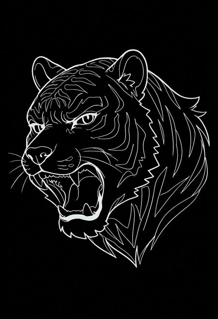 white line drawing of a tiger, (roaring, angry, furious), minimalist, black and white, close up, windy, black background, look at viewer,