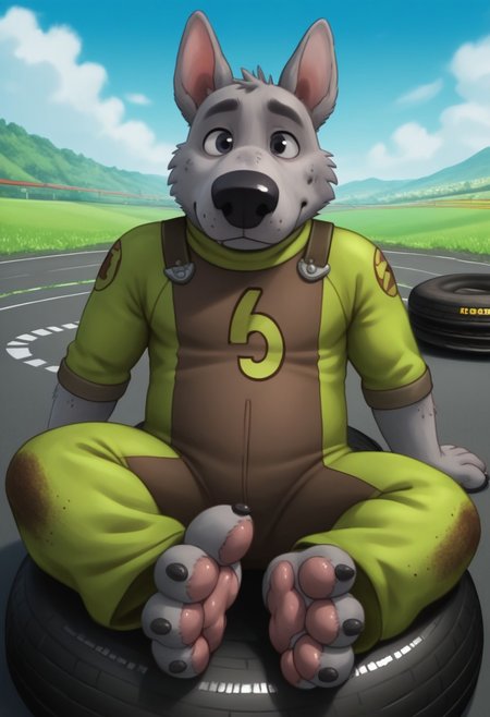 score_9, score_8_up, score_7_up, score_6_up, score_5_up, score_4_up, source_furry
anthro, ((1boy, solo)), Stinkbert, grey fur, big nose, terrier, dog, bodysuit, dirty fur, grey paws, big paws, big toes, poofy pawpads
BREAK
detailed background, raceway pitstop scenery, sitting on tire,