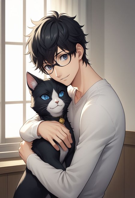 score_9, score_8_up, source_anime, highly detailed, 1boy, solo, male_focus, slender, skinny, 
ren, 1boy, cat, black hair, glasses, male focus, shirt, black cat, animal, hug cat, black eyes, blue eyes, smile,
indoor,