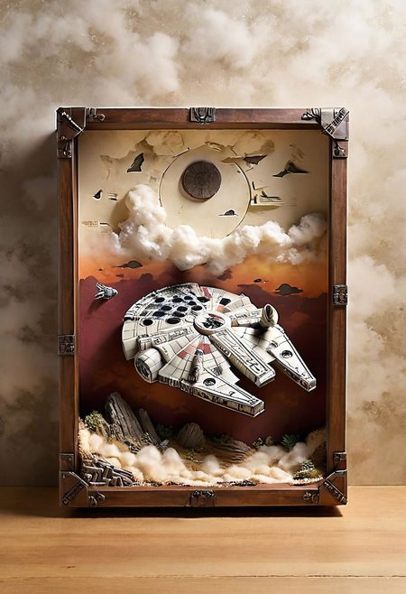 Craft a mystically weathered wooden shadow box By night, aged by time and adorned with the enigmatic allure of plastic Stone and wooden StarWars figures. Millennium Falcon flying through fluffy Clouds themed, Immerse yourself in the ancient whispers of the past as you arrange these epic creations, weaving a tale of time-worn charm within the timeworn confines of the shadow box. In a DARK and foggy room