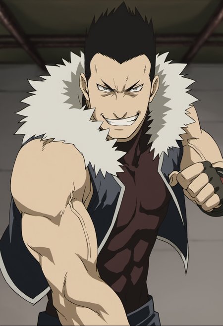 1boy, Greed_fma, very short hair, veiny arms, tight dark red shirt, sleeveless, black vest, open vest, fur trim, score_8_up, score_7_up, score_6_up, score_9_up, manly, muscular, muscle, a muscular man in warehouse,  centered, looking at viewer, face_focus, detailed eyes, 8k uhd, high quality, anime color,grin,fight pose