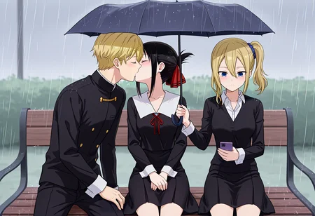 masterpiece, high quality, amazing detail, guy_holding_umbrella_over_kissing_couple_(meme), blush, 2girls, 1boy, sitting, bench, rain, shuuchiin academy school uniform 
BREAK
shinomiya kaguya, (shirogane miyuki, blonde hair), closed eyes, kiss,
BREAK
hayasaka ai, holding umbrella, shared umbrella, looking down, looking at phone, holding phone, closed mouth,
<lora:guy_holding_umbrella_over_kissing_couple_meme:0.8>