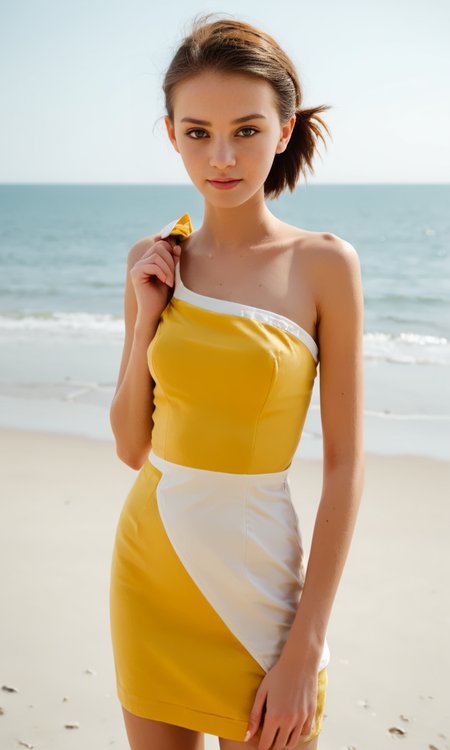 front view,     slim girl at beach , short yellow dress,  jakosho,    white jacket over one shoulder,   <lora:JacketOverShoulder:1>
