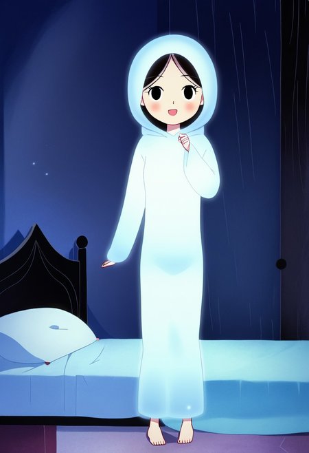 zPDXL3, source_cartoon, Perfect Hands, full body,
1girl, solo, aged down, bedroom, looking at viewer, saoirse, black hair, black eyes, blush, ghost, hood up, robe, barefoot, glowing, dancing on bed, from behind, facing at viewer, feeling cold, eyes open, smile, open mouth, sleeve past wrist, slim body, long body, highlight cloth wrinkle, anime style, kicking,
<lora:Perfect Hands:1>  <lora:Saoirse_-_The_Song_of_the_Sea-000009:1>