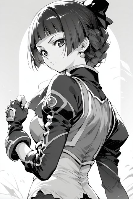 score_9, score_8_up, score_7_up, score_6_up,
  <lora:Mamiina:1> mamiina, 1girl, greyscale, monochrome, solo, earrings, jewelry, braid, looking at viewer, blunt bangs, fingerless gloves, looking back, gloves, bangs, sketch