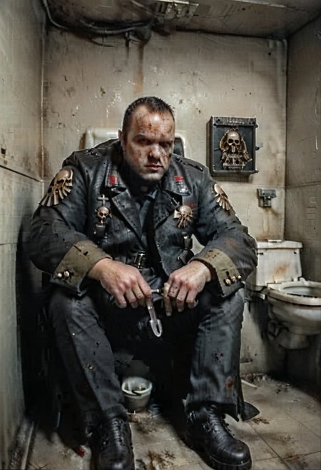 score_9, score_8_up, score_7_up,
solo, photo real, masterpiece,
absurdes, ultra detailed, amazing quality,
detailed eyes, perfect hands, detailed fingers, photography, film grains, grainy, zlnyslnk,
detailed face, detailed eyes,
looking at viewer,
underground, basement, indoors, 
public restroom, dirty toilet, cleaning toilet,
fork in hand,
unique angle, dramatic angle, brown military jacket,
muscular, sitting, playing checkers,
zlnyslnk, brtshk, short black hair, shaved face, black military jacket, spacemarinenohelmet, space marine, warhammer 40k