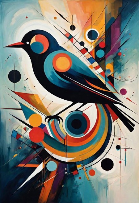 Design an abstract birds in the style of Kandinsky , dark colors evoke the essence of gothic. tea time, abstracted into geometric shapes, create a captivating . The abstract style energy into the design while maintaining a recognizable Abstract painting in Kandinsky style with 5 colors