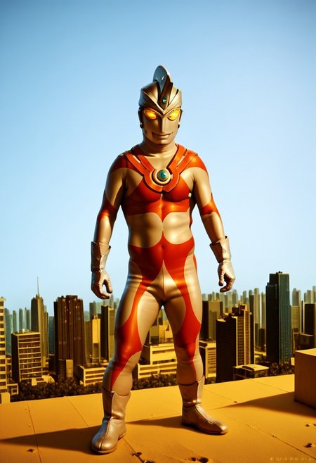 score_9, score_8_up, score_7_up, score_6_up, score_5_up, score_4_up, male focus, photo realistic, solo,1boy,cowboy shot,4K, best quality, no human, ultraman ace, one hole in the headdress, no face, standing, Tokyo cityscape, half the height of a skyscraper, giant,  silver glove and boots, standing, silver helmet, no eyes, no nose, no mouth, yellow glowing eyes, gloves, silver rubber bodysuit with red line, giant, normal body type, Photography, stvmccrr style, stvmccrr