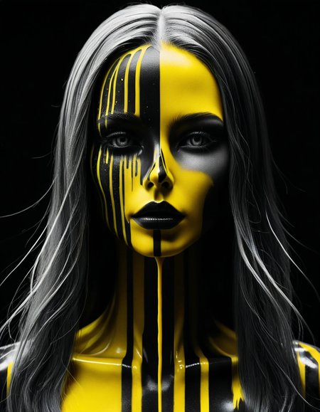 An Abstract surreal n Abstract surreal colorful simple painted newage cyborg spacegirl with long vibrant hair throughout the frame, yellow-black Blood fountain in Outer space, made of lines, vertical lines <lora:ral-chrosc-bw:1> ral-chrosc-bw