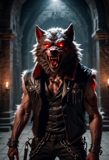 (medium full shot) of (bloodthirsty werewolf), tawny fur, glowing red eyes, wearing leather vest,  iron shackles,  set in  a haunted castle hall with flickering torches, echoing footsteps, an oppressive air, during a full moon, ,Masterpiece,best quality, raw photo, realistic, very aesthetic