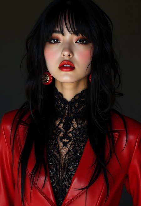 midjourney_whisper_avant_couture, Japanese woman, bangs, red leather and lace, dark eyeshadow, red lips
