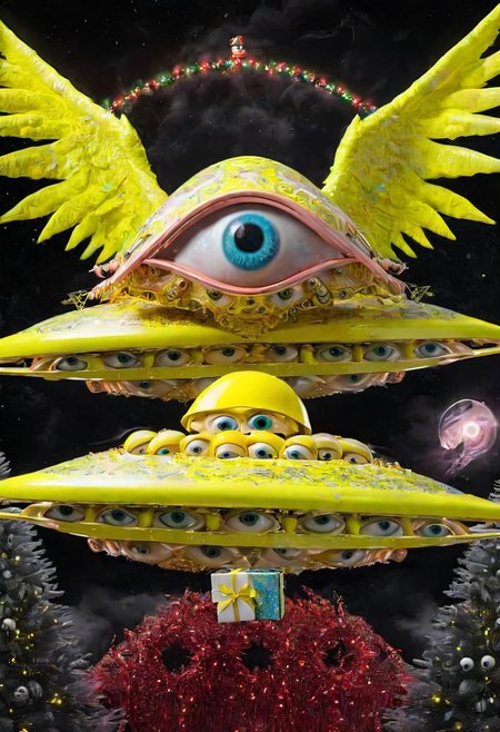seraphins, mystical creature with hundreds of eyes and wings, roswell alien with yellow christmas hat, delivering presents with santa riding a ufo sleigh, intricate complexity, surreal horror, inverted neon yellow drip paint, photoreal