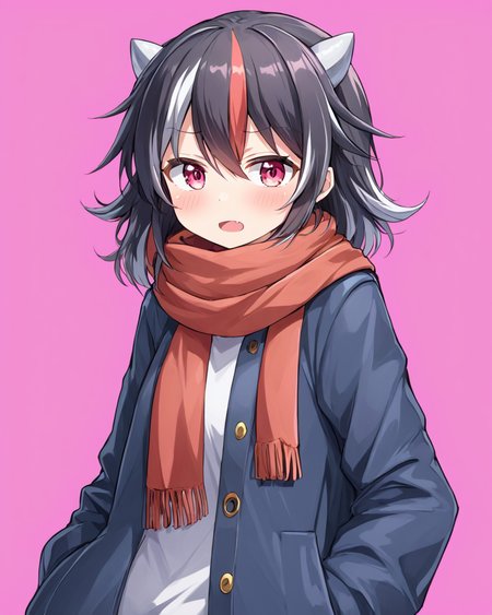 kijin seija,1girl, solo, horns, blush, fang, hands_in_pockets, open_mouth, looking_at_viewer, alternate_costume, jacket, scarf, pink_background, coat, sweat
<lora:kijin_seija_image4523_2023-12-20-000008:1>,star-shaped_pupils,symbol-shaped_pupils,. gorgeous,key visual, vibrant, studio anime,award-winning, professional, highly detailed,high budget, cinemascope
