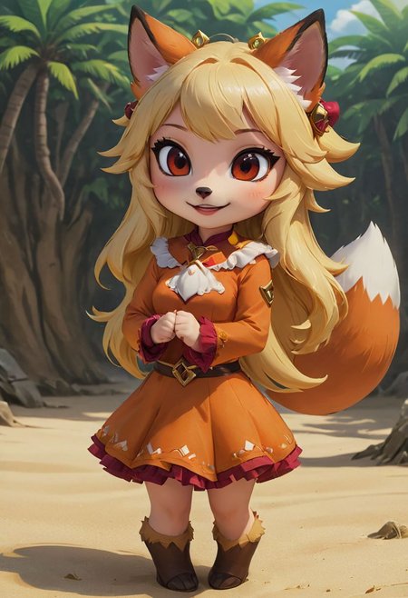 furry fox girl, ((brown fox)), (chibi), 
bad fox, with red big eyes,  beach,
(orange) dress, portrait, long blonde hair,
Hyperrealistic art high-quality portrait flat matte drawing of a cute Nendoroid and cartoon style, anime flat style, thick drawing, medium close-up", (solo:1.2), photorealistic:1.5, 8k, texture skin, realistic skin, detailed skin, highest detailed, extreme detailed, 8k wallpaper, colorful, (dark magic), ring with the stone, (intricate details), (hyperdetailed), 8k hdr, high detailed, lot of details, high quality, soft cinematic light, atmospheric perspective (focus on), color Ink wash painting, Extremely high-resolution details, photographic, realism pushed to extreme, fine texture, incredibly lifelike,
