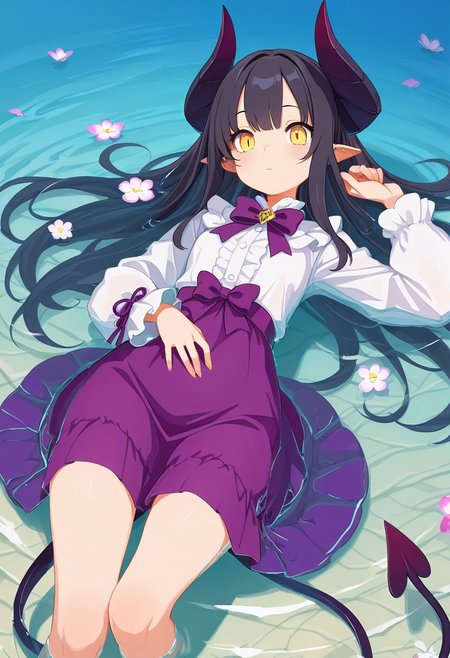 masterpiece, best quality,1girl, solo, long hair, looking at viewer, skirt, black hair, long sleeves, dress, bow, ribbon, tail, yellow eyes, white shirt, flower, lying, horns, pointy ears, on back, water, demon tail, partially submerged, purple skirt, purple bow