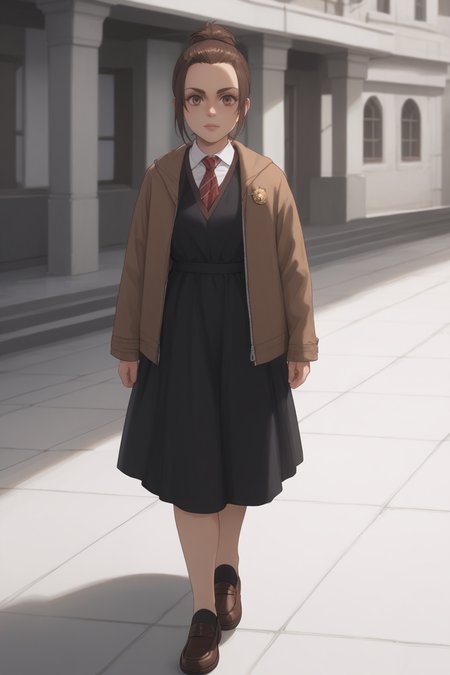 score_9, score_8_up, score_7_up, BREAK source_anime, <lora:gabi braun-PonyXL-lora-Faxtron:0.8> gabi braun, brown eyes, brown hair, single hair bun, black dress, jacket, loafers,