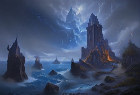 masterpiece,best quality,amazing quality,very aesthetic,high resolution,ultra-detailed,absurdres,newest, outdoors, mw01out, mwl01, castle, castle on the edge of a cliff, white walls, purple turrets, nighttime, night, thunderstorm in the distance, thunderclouds, overlooking the ocean, stormy