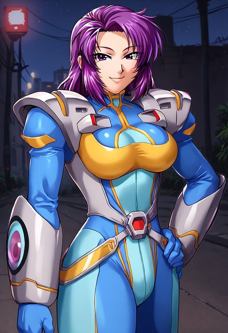 score_9, score_8_up, score_7_up, <lora:offset_0.2:0.1>, <lora:spo_sdxl_10ep_4k-data_lora_webui:1>, BREAK, 
Koukawa, 1girl, solo, mature female,
purple hair, long hair, purple eyes, BREAK,
srwbluepilotsuit, blue bodysuit, pauldrons, wrist guards, metal belt, grey armor, helmet, helmet removed, no headwear, unworn helmet, holding helmet, shiny clothes, glossy clothes, <lora:Pilot_suit__Super_Robot_Wars:1>, BREAK,
smile, facing viewer, hand on hip, BREAK,
outdoors, city, night, neon lights
